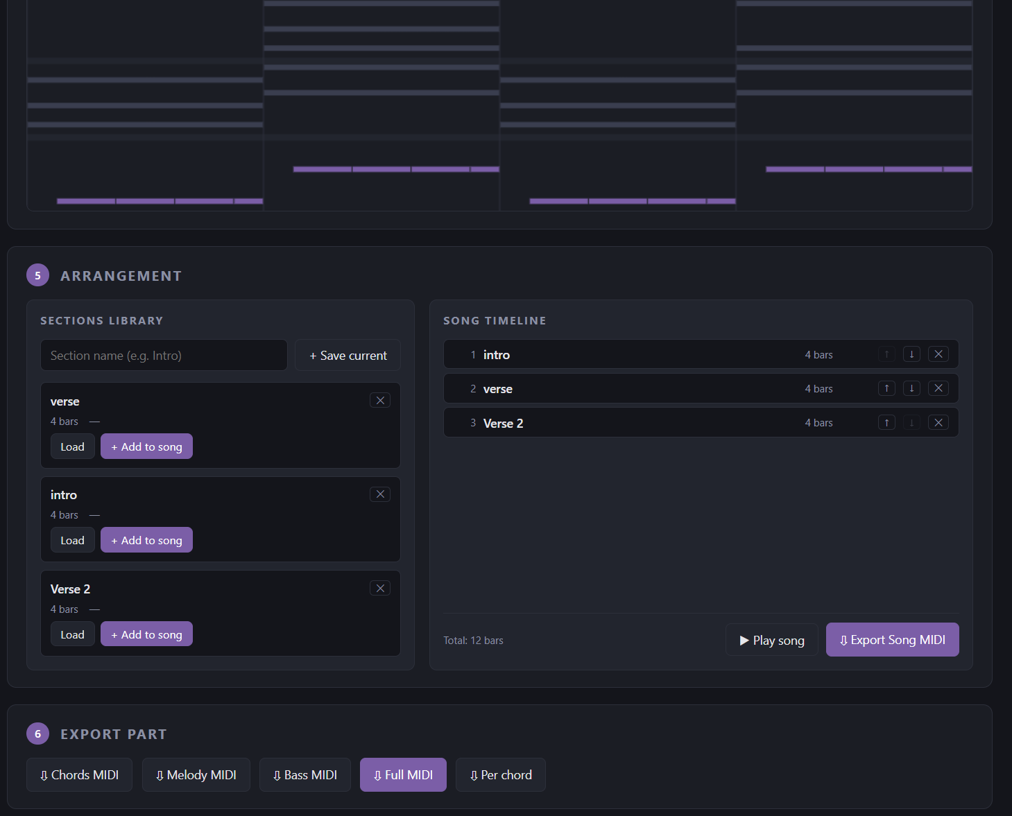Ether Harmony MIDI file loaded into Bitwig Studio showing chord, melody and bass tracks on separate MIDI lanes