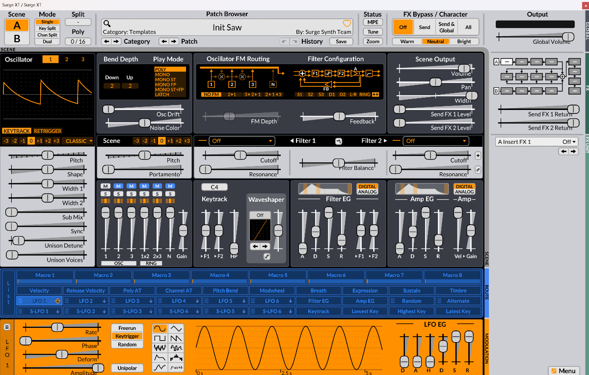 Surge XT synthesizer interface showing oscillator and filter sections for ambient pad design