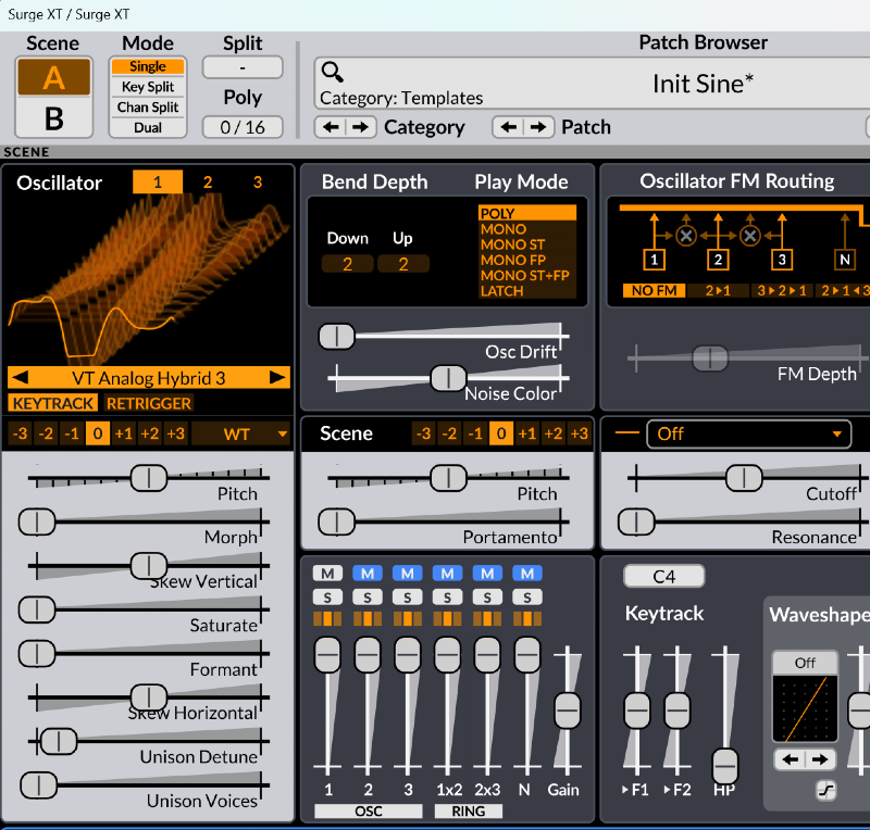 Screenshot of Surge XT synth showing Scene A oscillator, FM routing, filter, and modulation sliders.