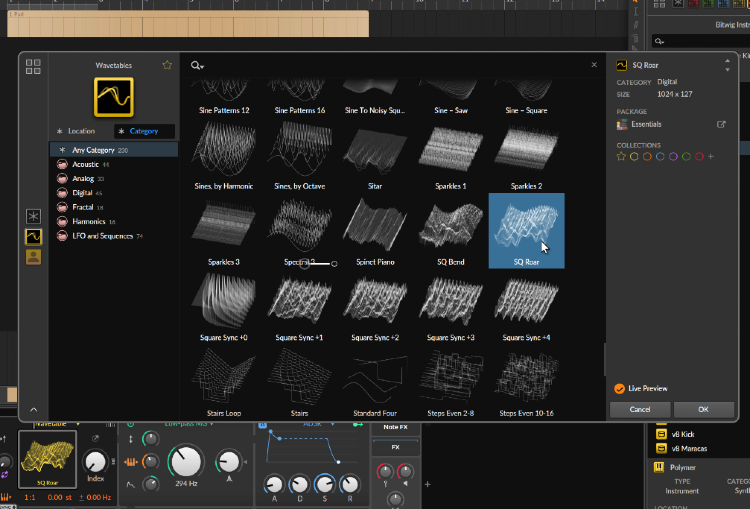 Inside Polymer, go to the oscillator section. Switch the sound source to Wavetable mode, then browse the factory wavetable list and pick something smooth and harmonic.