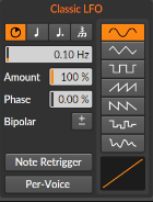 Inside Polymer, create a new modulation source and select Classic LFO. Set the frequency to 0.1 Hz — very slow and subtle. Assign the LFO to the filter cutoff, then switch it to unipolar mode