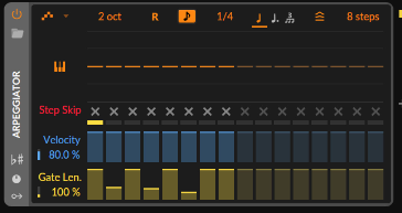 Bitwig's built-in Arpeggiator is a powerful generative tool that turns held chords into moving patterns.