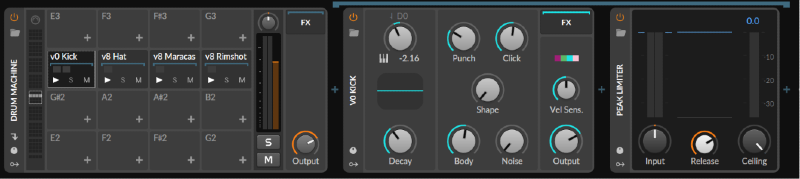 Kick — V-Zero Kick: punchy with plenty of low-end weight. Add a Peak Limiter to keep the audio clean and clipping-free.