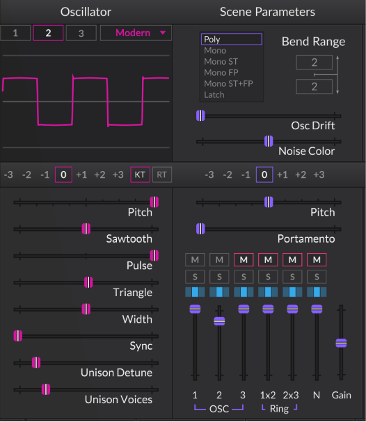 Build the pad from two oscillators, both set to Pulse waveforms.