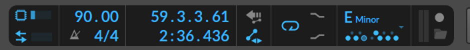 Bitwig transport showing 90.00 BPM, 4/4 time signature and E Minor project root.