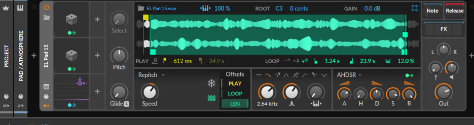 Bitwig Sampler loaded with EL Pad 15, showing loop points, LEN offset mode and the AHDSR envelope.