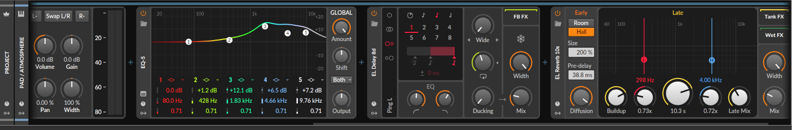 Pad FX chain: Tool, EQ+5 with five bands, Delay+ and Reverb.