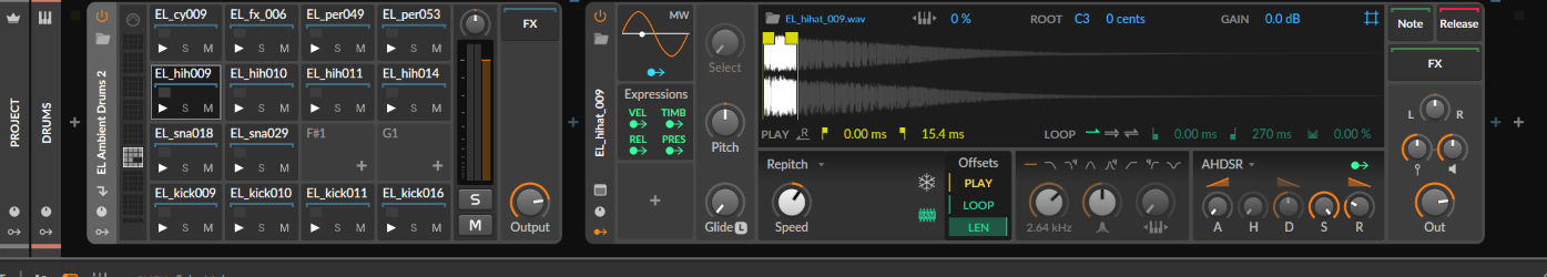 Bitwig Drum Machine with 14 pads loaded from C1 upward, and the EL_hihat_009 Sampler open.