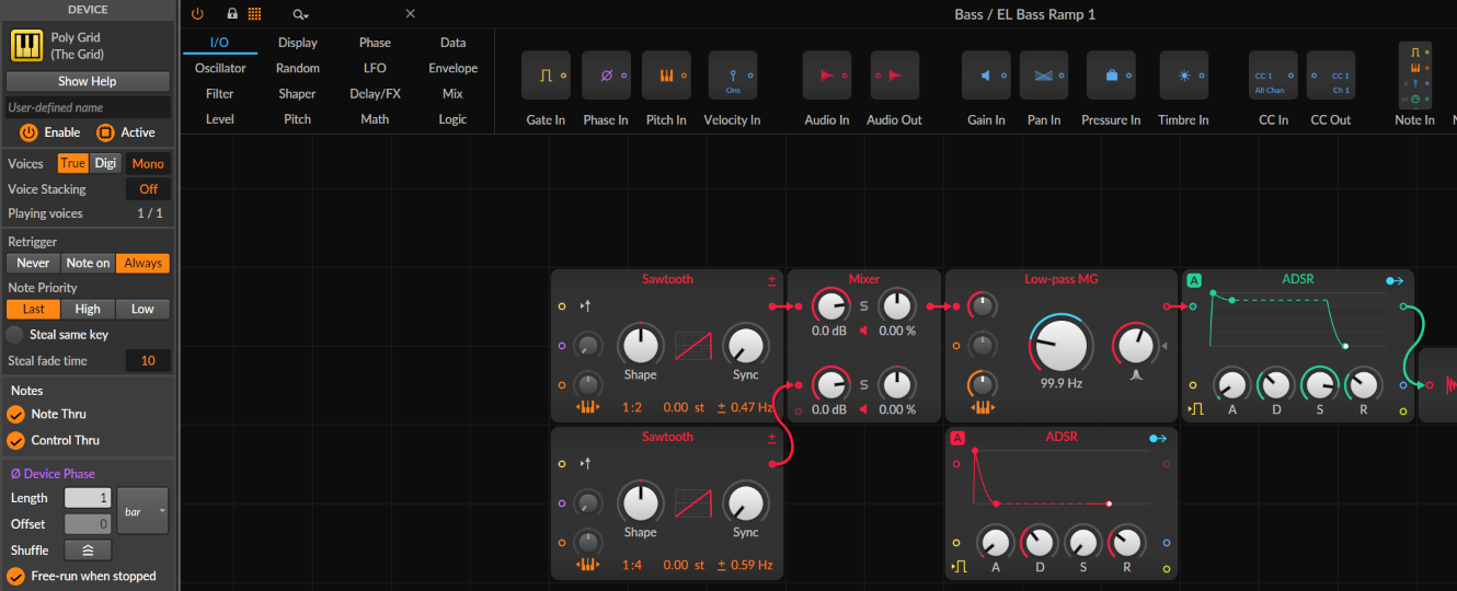 Poly Grid patch EL Bass Ramp 1: two sawtooth oscillators, mixer, Low-pass MG at 99.9 Hz and two ADSR envelopes.