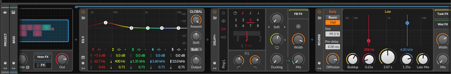 Bass FX chain: EQ+5 with a single boosted low band, Delay+ and Reverb.
