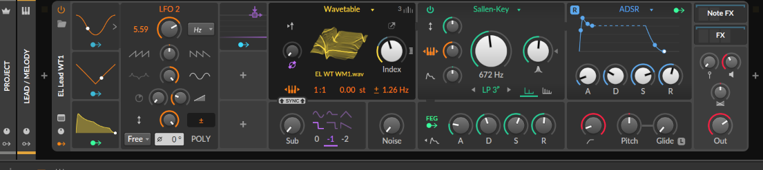Polymer patch EL Lead WT1 with a wavetable oscillator, Sallen-Key filter, ADSR and LFO 2 at 5.59 Hz.