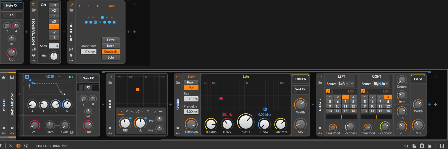 Lead Note FX chain with Note Transpose and Key Filter+ in Constrain mode, above the FX chain with Filter, Reverb and Delay-2.