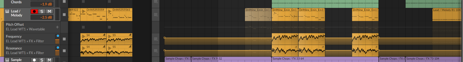 Automation lanes on the Lead track for filter Frequency and Resonance, recorded in real time and dense through the main sections.
