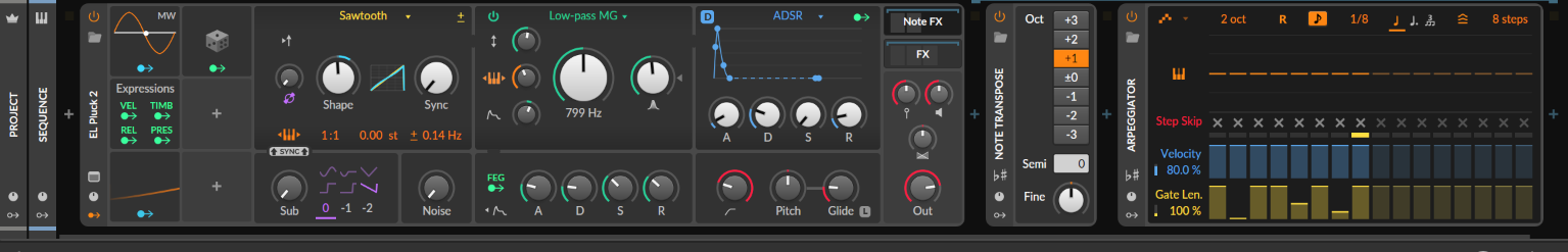 Polymer patch EL Pluck 2 with a zero-sustain envelope, next to the Arpeggiator set to 2 octaves, random order, 1/8, 8 steps.