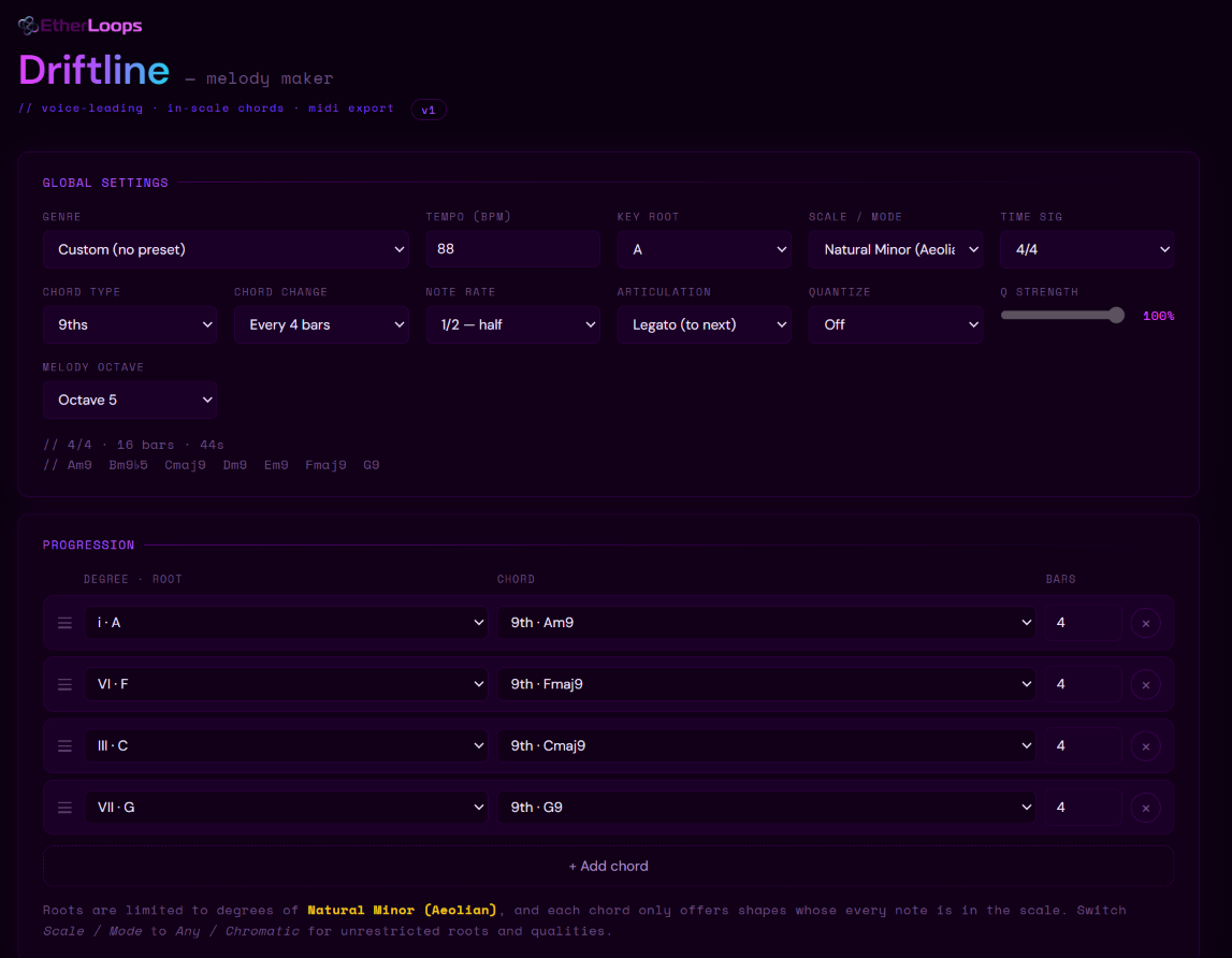 The Driftline interface, showing global settings, the information line and the chord progression.