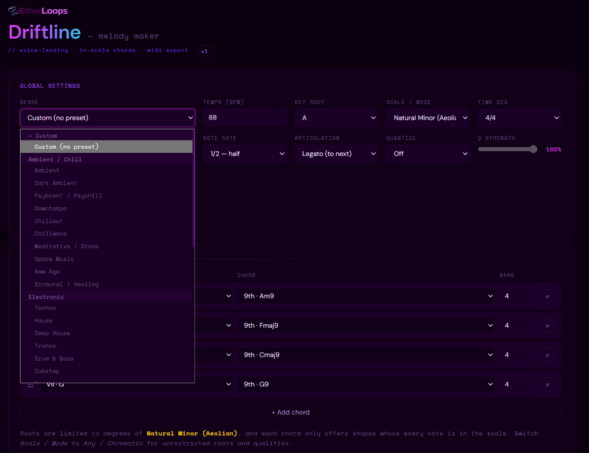 The Driftline genre dropdown open, showing presets grouped by family.