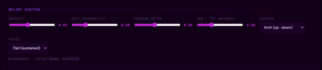 Driftline's melody shaping controls with contour set to Arch.