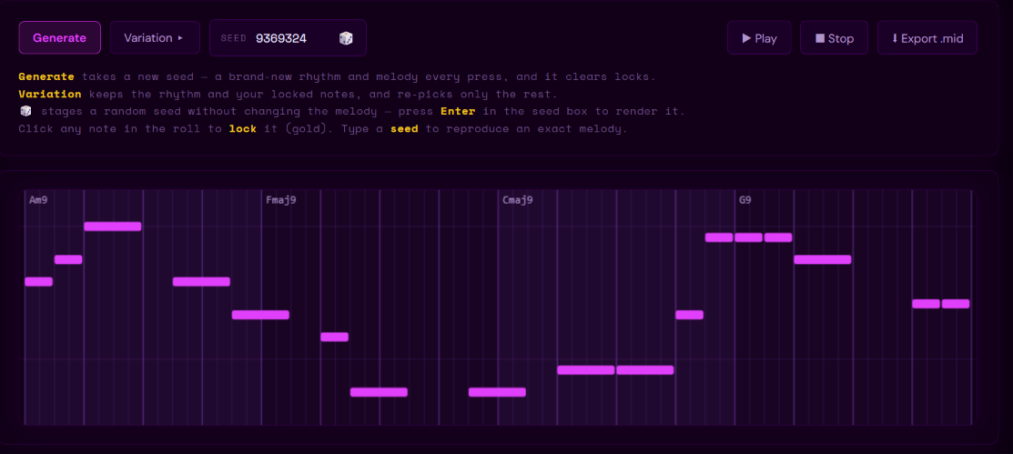 The Driftline transport and piano roll, showing the melody over four labelled chord regions.