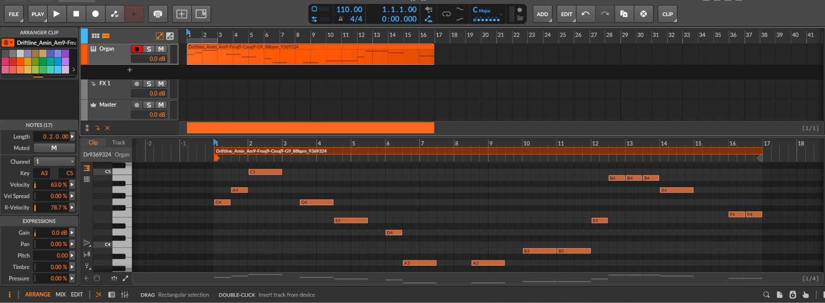 A Driftline melody imported as a clip in Bitwig Studio, with the note editor open below it.
