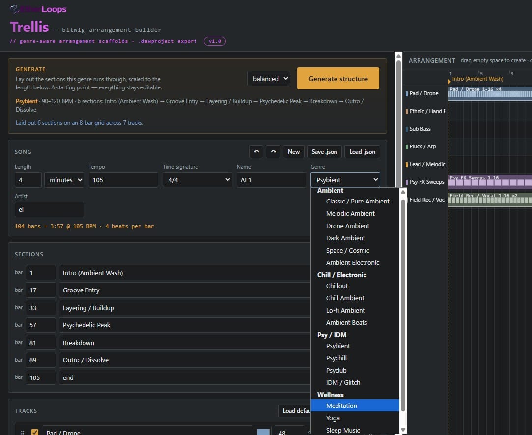 The Trellis genre selector open, showing eighteen genres grouped into Ambient, Chill, Psy/IDM and Wellness families