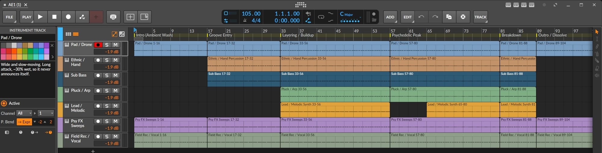 The generated Trellis arrangement opened in Bitwig Studio, with tracks, clips and cue markers on the timeline and the production note visible in the track inspector