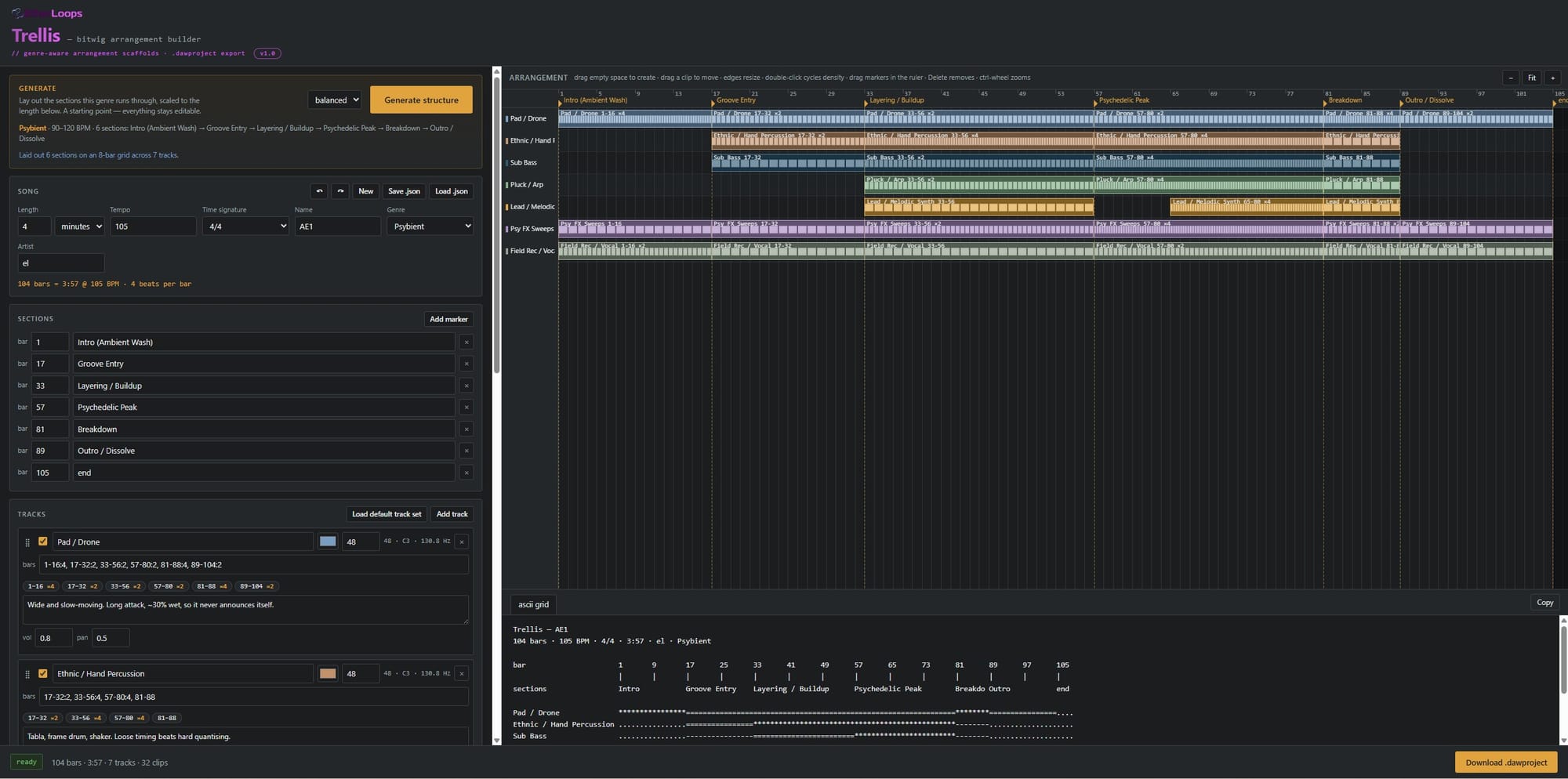 The Trellis window — the form panels on the left and the live arrangement timeline on the right