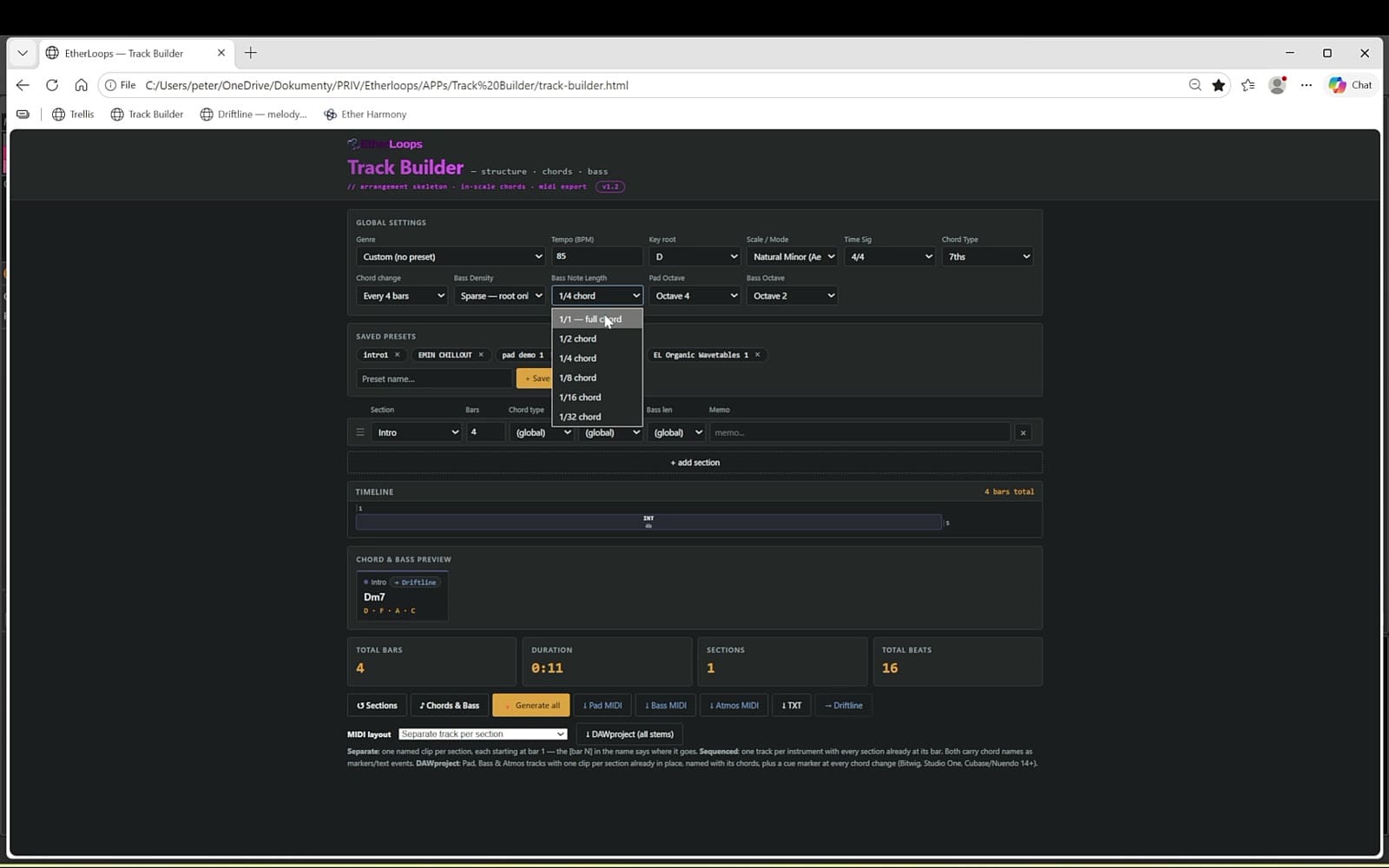 Track Builder browser app showing the song settings, chord progression and MIDI export section for a 16-bar ambient loop in D minor