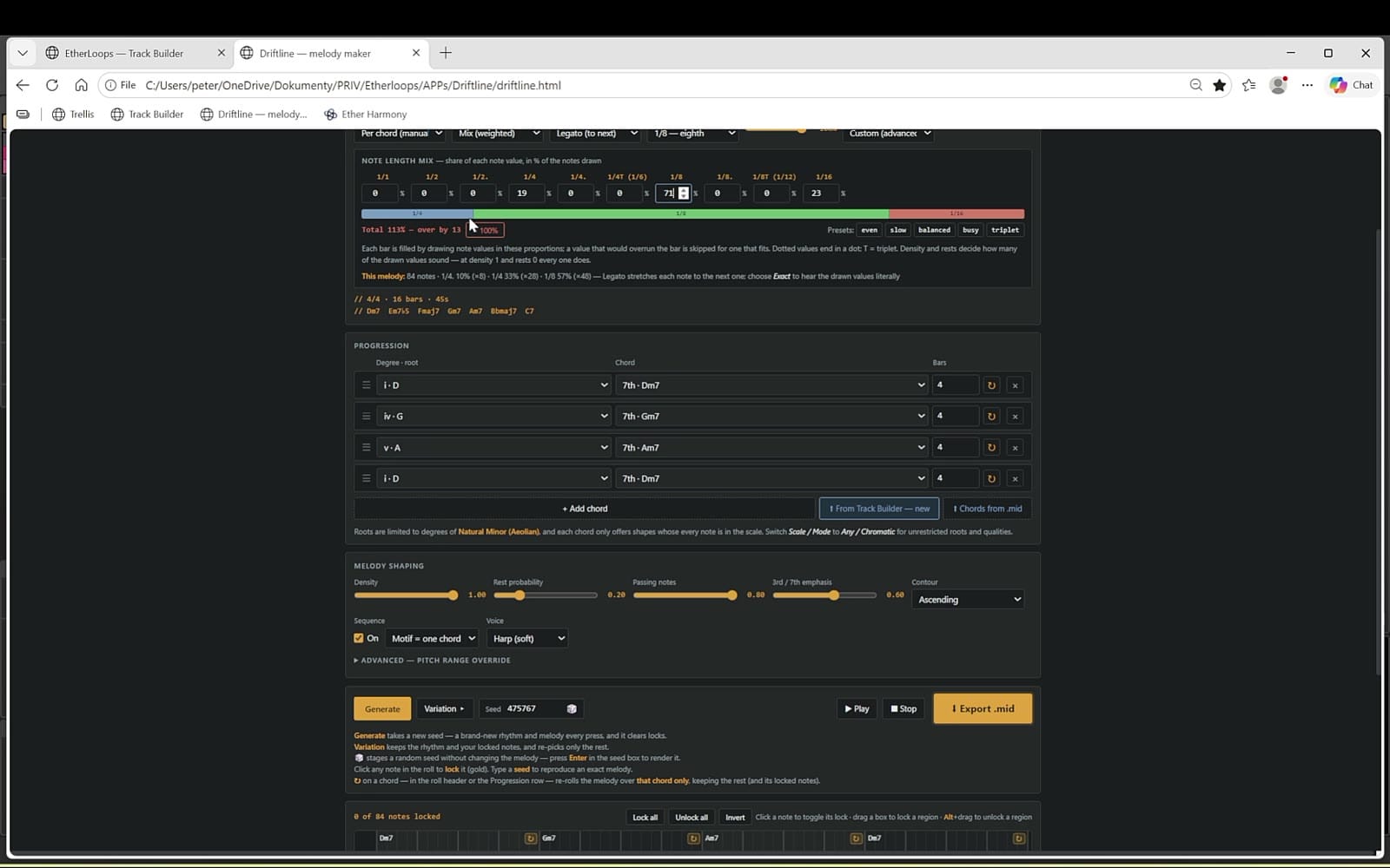 Driftline melody generator in the browser with chords imported from Track Builder, melody shaping controls and a generated piano-roll preview