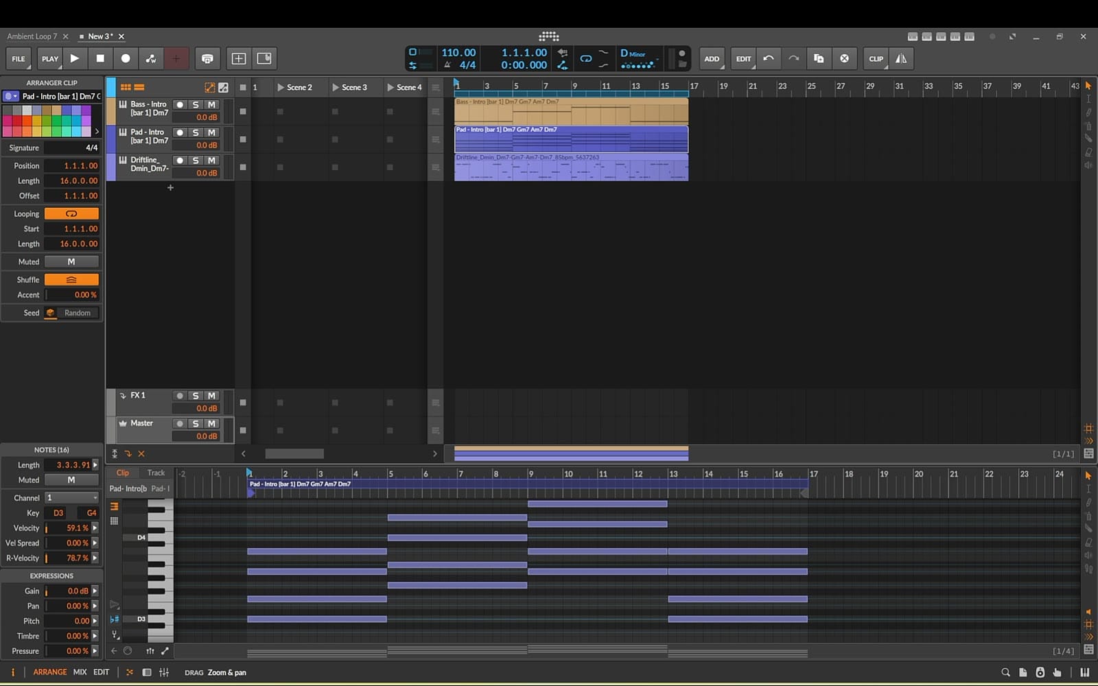 Bitwig Studio piano roll editing the pad chord clip, with high chord notes moved down an octave for smoother voicing