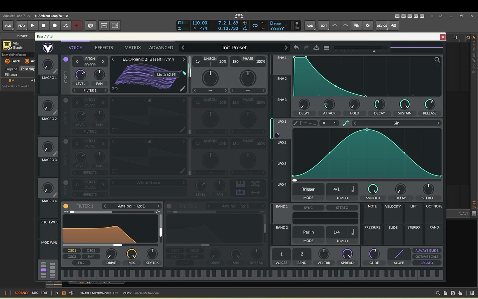 Vital synth on the bass track with an organic wavetable loaded and LFO 1 set to a slow sine shape modulating the wavetable frame position
