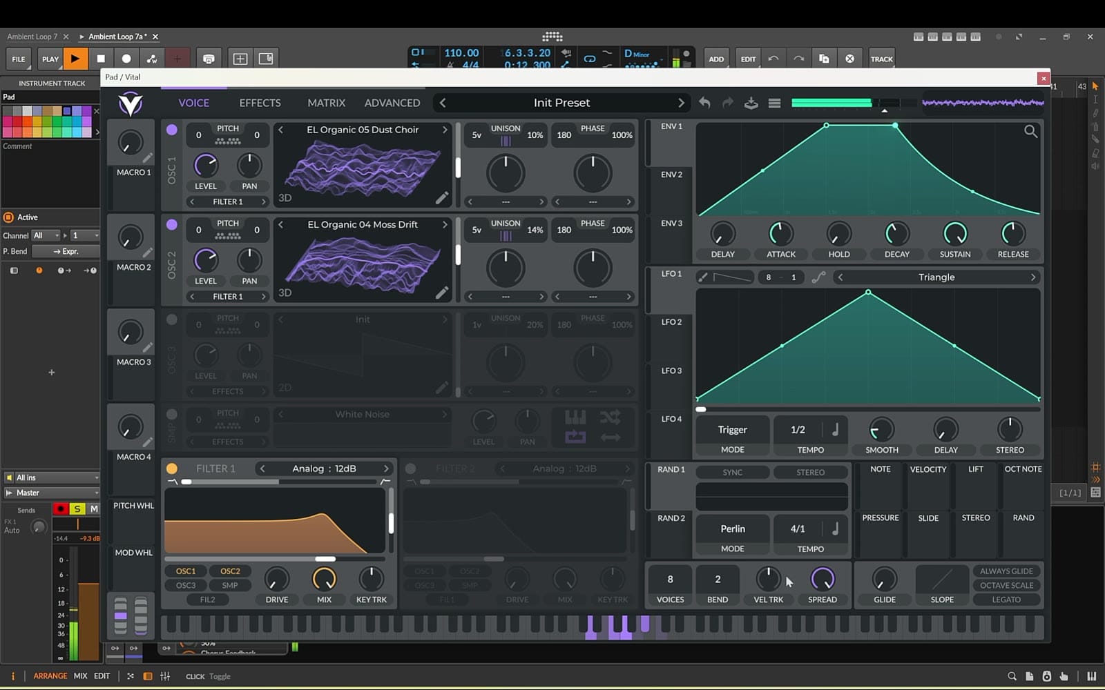 Vital pad patch with two oscillators using the EL Organic Dust Choir and Moss Drift wavetables, long attack and release envelope and an analog low-pass filter