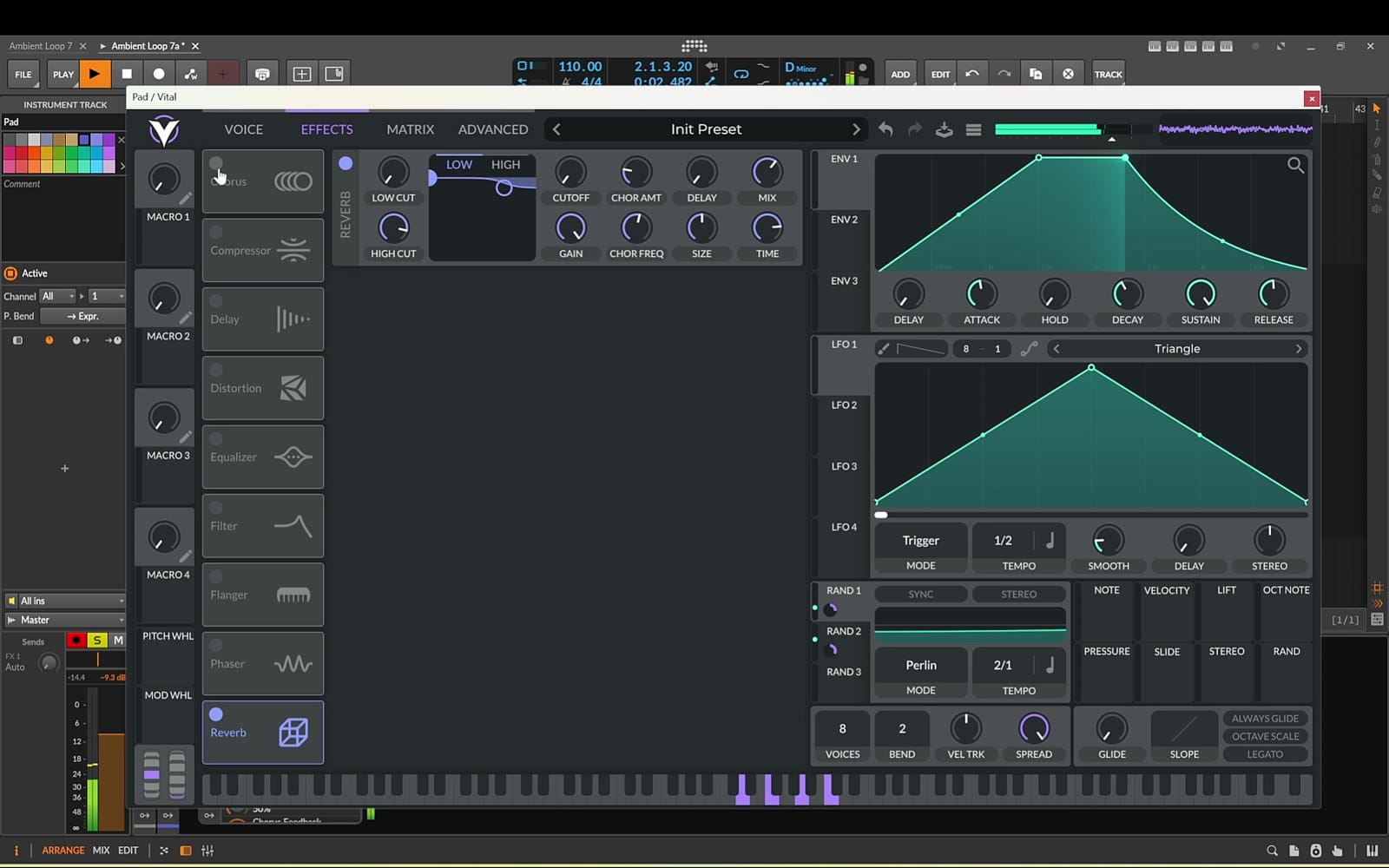 Vital effects tab on the pad with flanger and reverb enabled