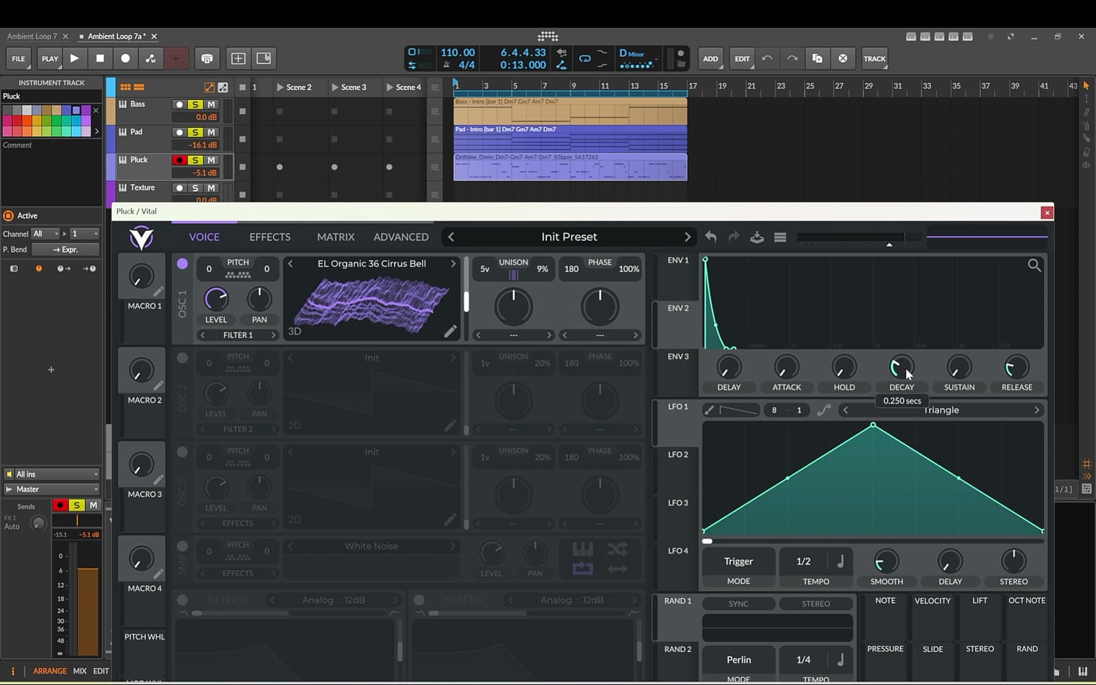 Vital pluck patch using the EL Organic Cirrus Bell wavetable with a short-decay, zero-sustain amplitude envelope