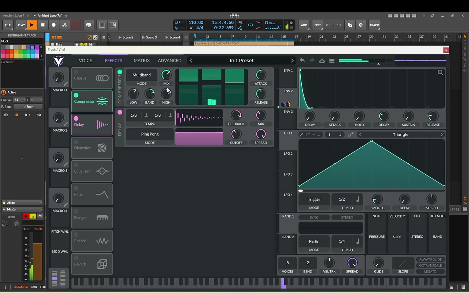 Vital effects chain on the pluck with a ping-pong delay and multiband compressor