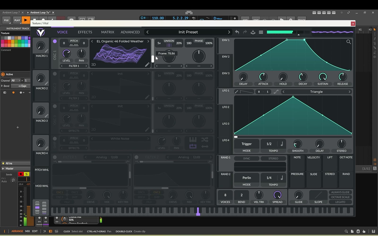 Vital texture patch with the EL Organic Folded Weather wavetable, long attack and release and a low-pass filter for a single held D3 note