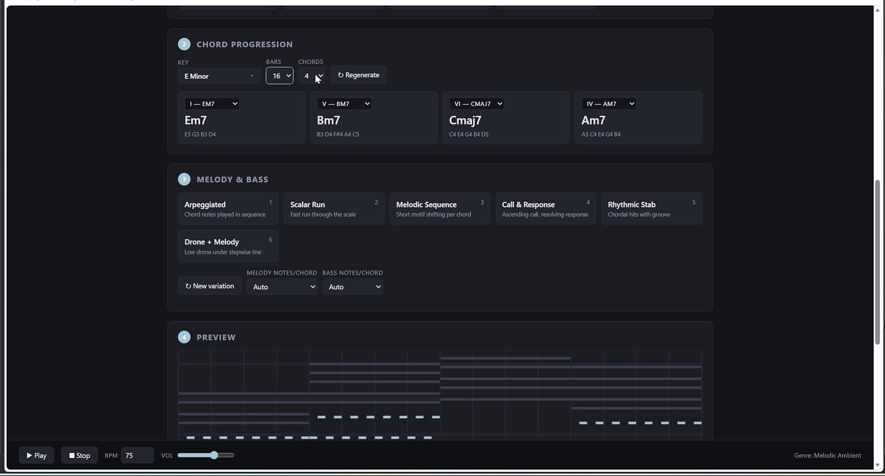 Ether Harmony set to E minor, 16 bars, four chords. Hit Regenerate until a progression sticks.