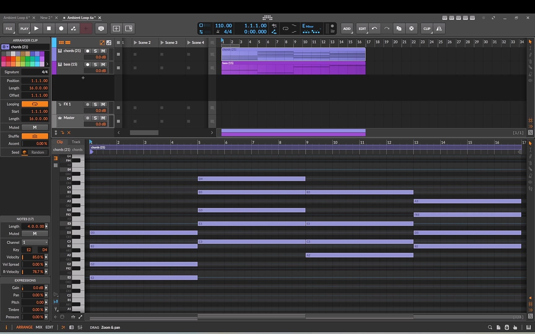 The chords clip after dropping the octave-four notes down: closer voicings that flow from one chord to the next.
