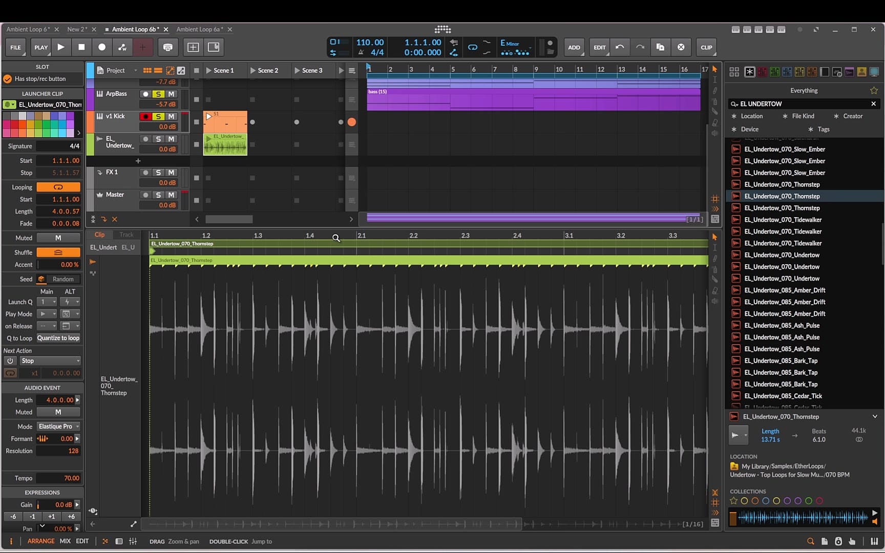The Undertow top loop in the clip editor: Elastique Pro stretch mode, clip tempo set back to the original 70 BPM.