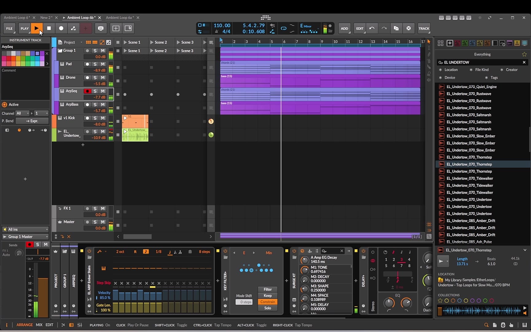 The finished loop: pad, drone, two arpeggiated sequences, a kick and a top loop.