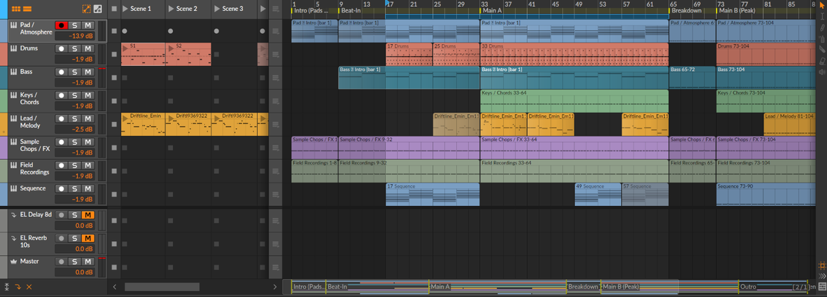 The AE1 arrangement in Bitwig Studio with eight tracks and six section markers.