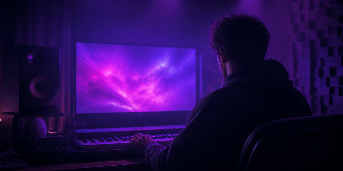 A dark studio at night lit by the violet glow of a monitor.