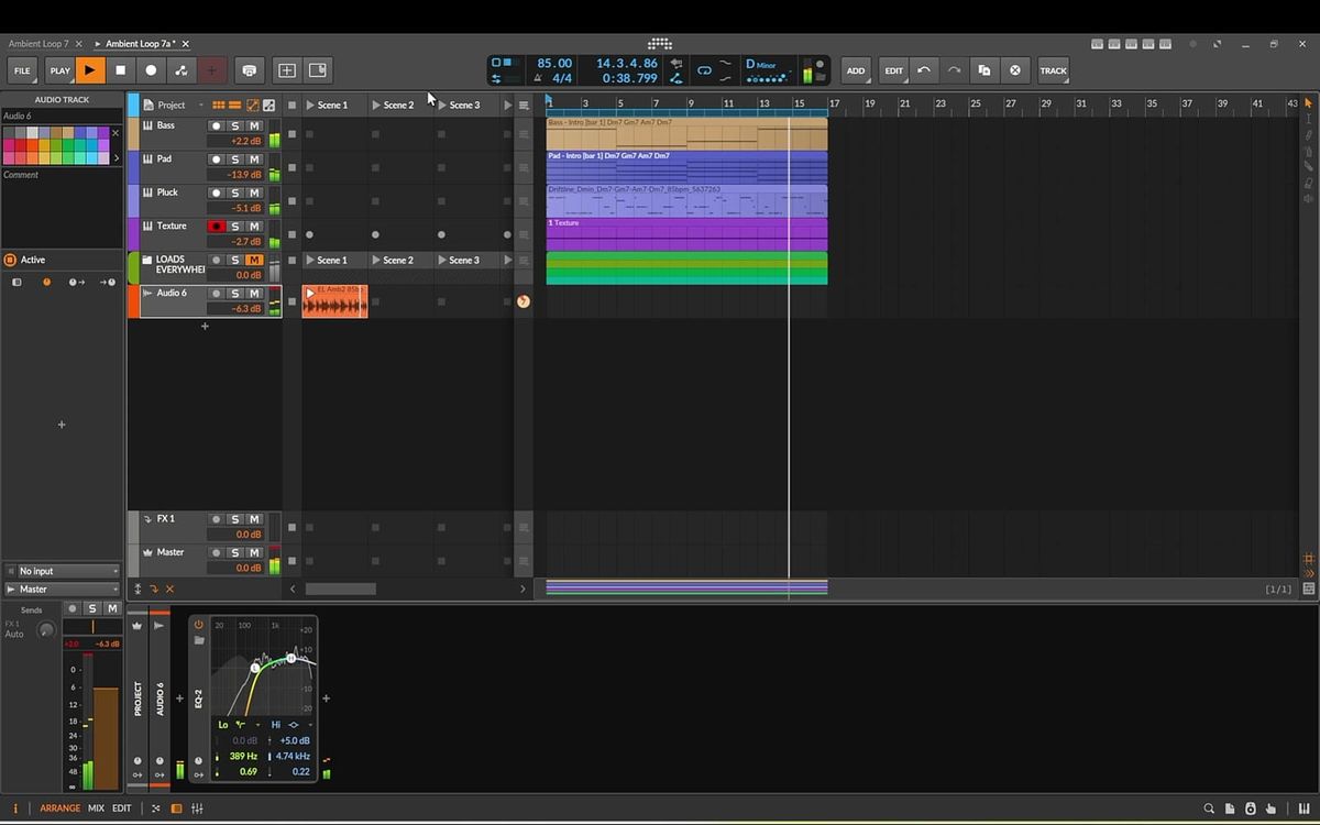 Finished ambient loop arrangement in Bitwig Studio built with the Vital synth and organic wavetables