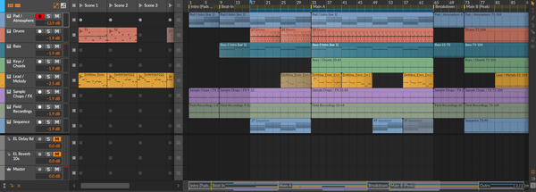 The AE1 arrangement in Bitwig Studio with eight tracks and six section markers.