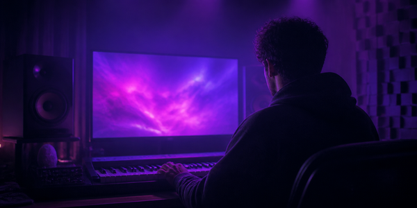 A dark studio at night lit by the violet glow of a monitor.