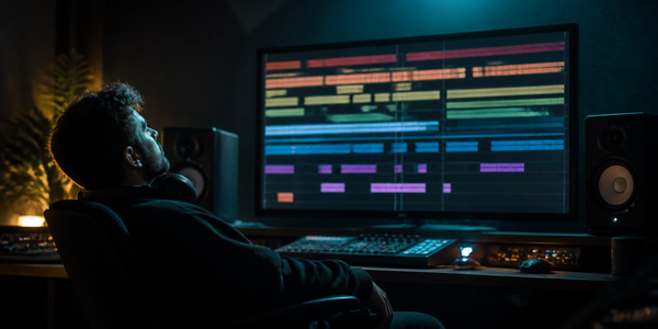 A music producer in a dark studio looking at a full arrangement laid out across the timeline on screen