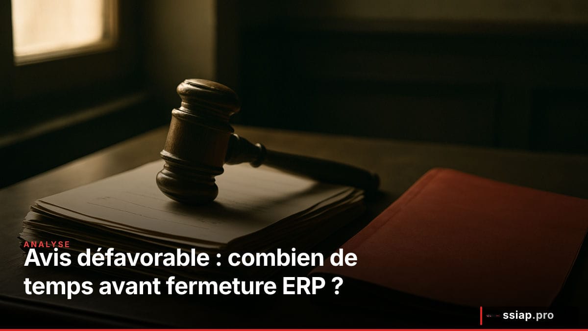 Marteau de juge et porte close avec cadenas rouge — avis défavorable commission sécurité ERP fermeture