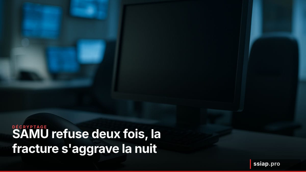 Téléphone décroché sur bureau vide la nuit, symbole d'appel SAMU sans réponse - sécurité privée
