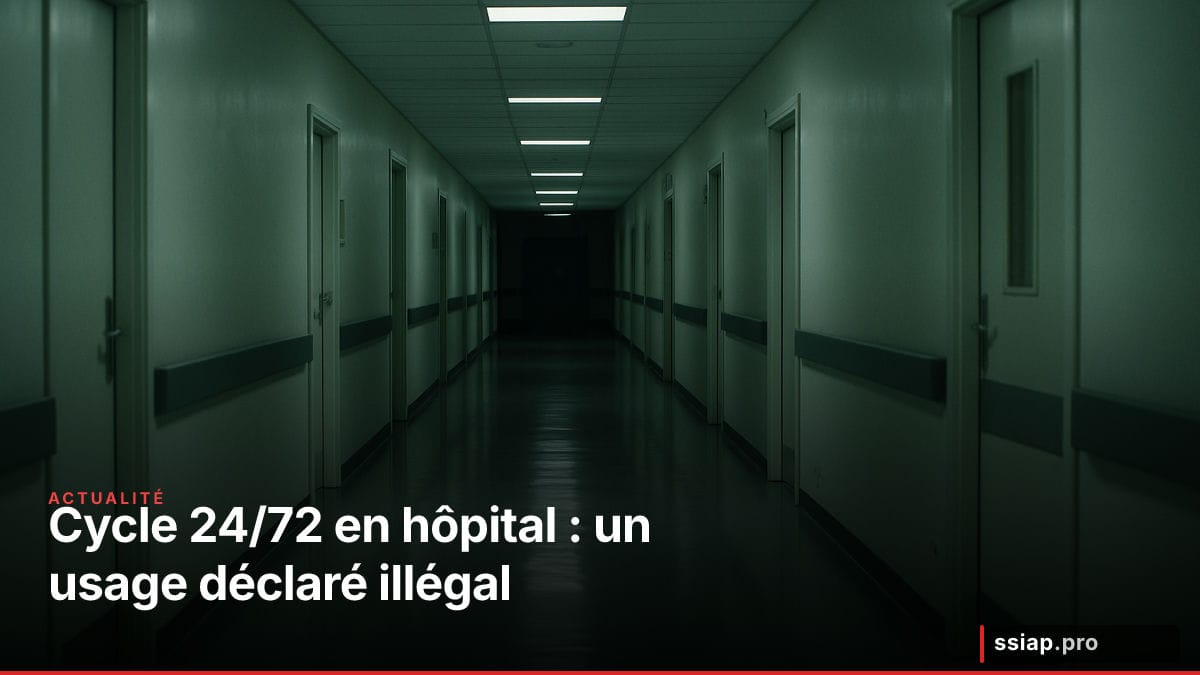 Horloge et documents réglementaires évoquant l'illégalité du cycle 24/72 en SSIAP hospitalier
