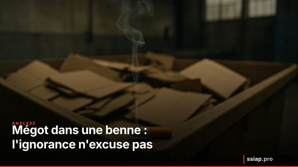 Mégot incandescent sur une benne à cartons en entrepôt - responsabilité incendie sécurité privée
