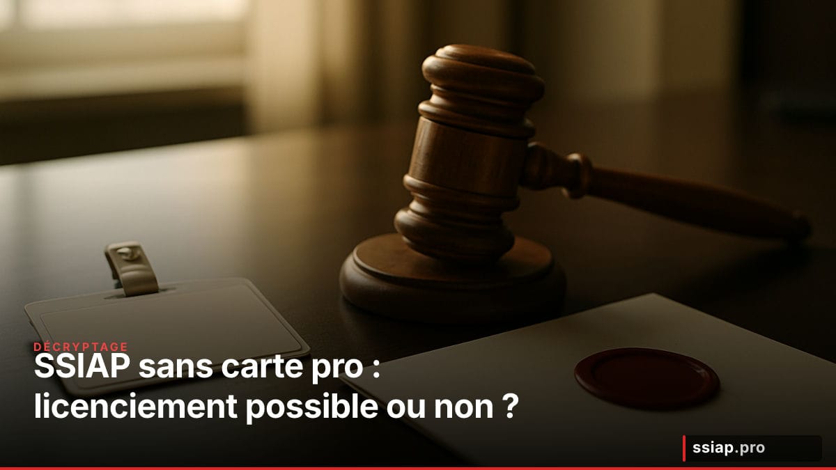 Carte professionnelle SSIAP posée près d'un marteau de juge - licenciement sécurité privée